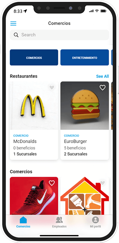 Pantalla de la app BeneficiaT con descuentos para colaboradores